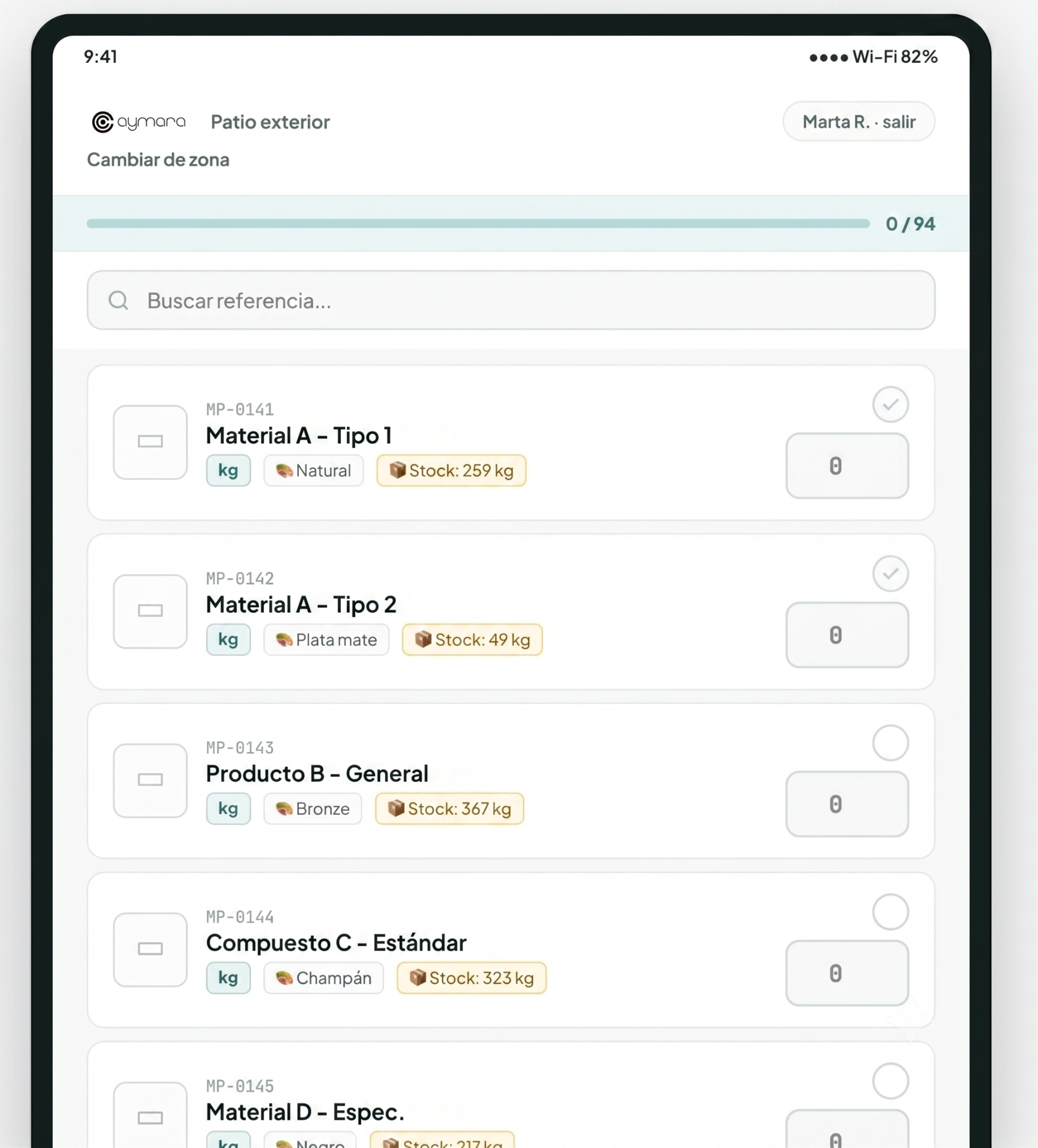 App de conteo de inventario físico en tablet — Cymara Stocktake