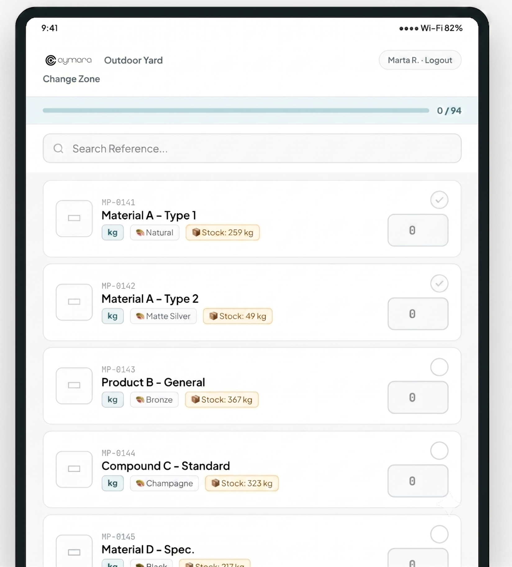 Physical inventory count app on tablet — Cymara Stocktake